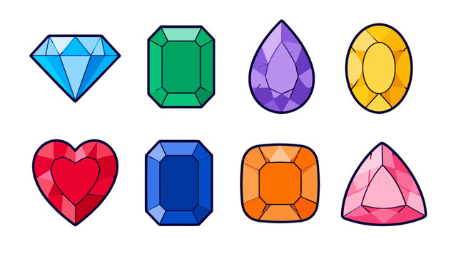 Colorful gemstone sticker set with assorted faceted jewel shapes