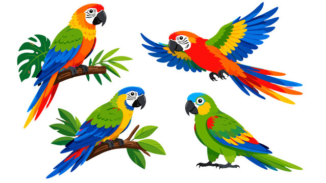 Colorful parrot collection with tropical birds and branches
