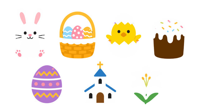 Cute Easter icon set with bunny eggs chick cake church and lily