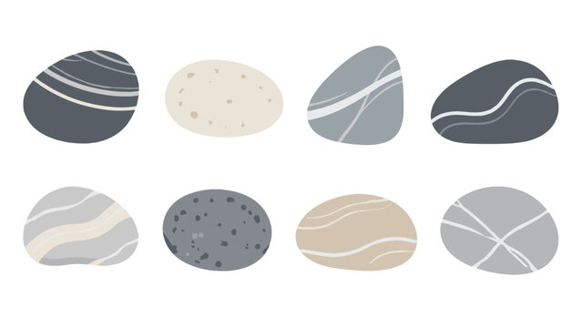 Set of smooth river stones in different shapes isolated on white