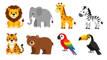 Fototapeta premium Cute cartoon wild animals and tropical birds icon set