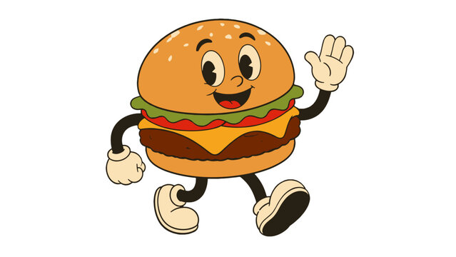 Retro cartoon cheeseburger character waving and walking