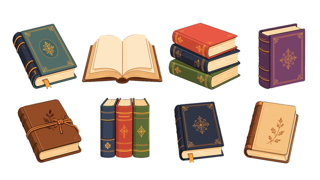 Set of vintage hardcover books and open book vector illustration