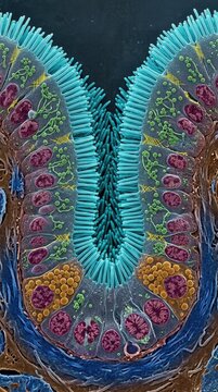 Intestinal stem cell within crypt lieberkuhn, demonstrating epithelial regeneration, goblet structure secreting mucus, microvillus forming brush border surface, microscopic anatomy.