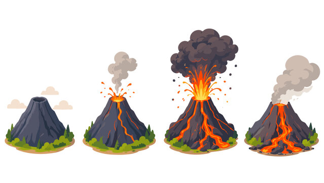 Volcano eruption stages with lava flow and smoke vector set