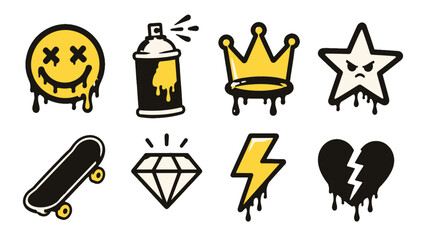 Graffiti style dripping icon set with smiley crown and skateboard © Andrei