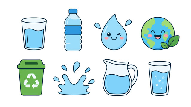 Cute water and recycling icon set with bottle glass and earth