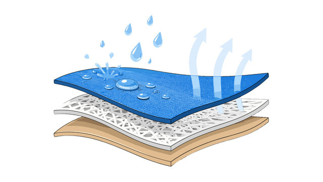 Waterproof breathable fabric layers with water droplets illustration