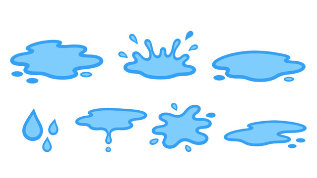 Set of blue water puddles, splashes and dripping drop shapes