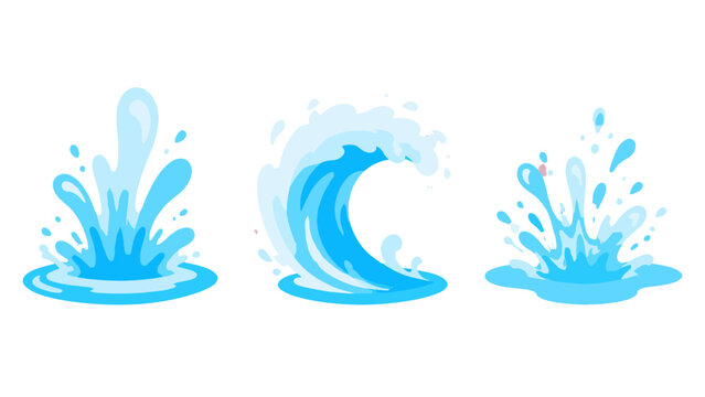 Blue water splash and wave cartoon vector set