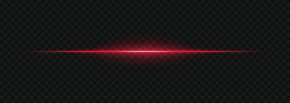 Thin red glowing light line beam. Neon line border sparkling with light ray flare isolated on transparent
