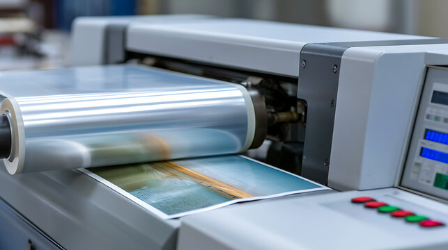 Modern professional laminator machine in action applying protective film to a colorful printed sheet in a commercial print shop