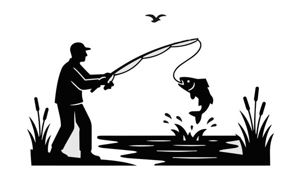Fisherman casting a fishing rod from a lakeside with a leaping fish and a bird in flight in a minimalist flat design outdoor recreation concept