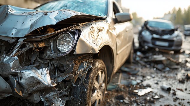 Car accident, vehicle collision, head-on crash, frontal impact, damaged cars, vehicle wreckage, automobile disaster, insurance claim, accident documentation, forensic investigation