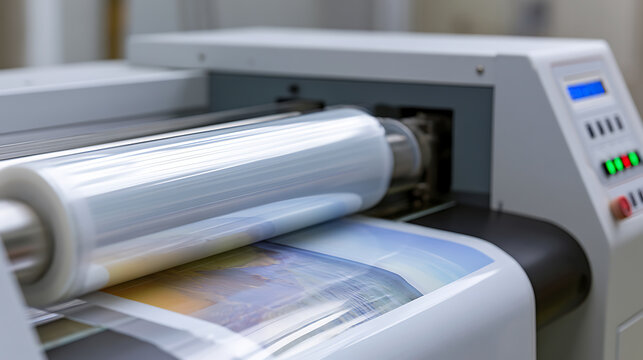 Modern Laminating Machine Process an Unidentified Document with Clear Film Coating for Protection and Durability in a Print Shop