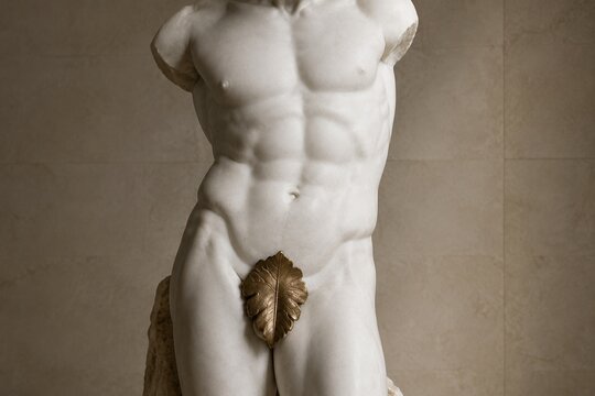 Classical marble sculpture of a male torso with bronze leaf covering.
