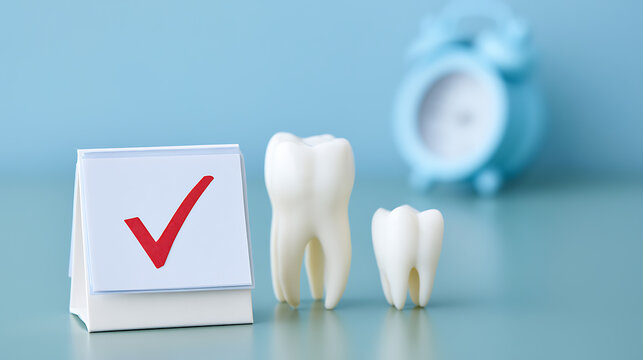 Dental Appointment Success: Healthy Teeth with Checkmark and Alarm Clock &ndash; Perfect Oral Care Reminder and Healthcare Concept