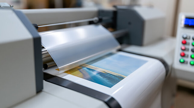 Modern Printing Machine Produce Vivid Quality Images on Surface Laminating Film Protection at Creative Workspace Facility