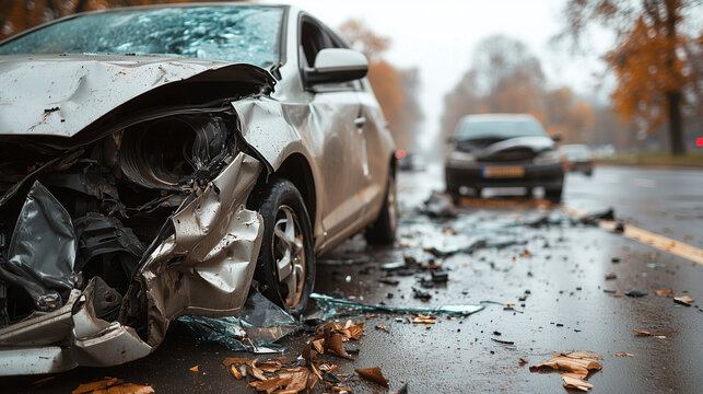 Car Accident on Roadside Damage Collision Between Two Vehicles Traffic Incident Street Safety Insurance Concept Damaged Cars After Crash Road Hazard Vehicle Insurance Claim Emergen
