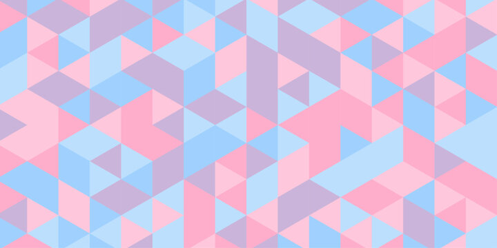 Abstract geometric triangle pattern background with pastel pink, blue and purple mosaic shapes, seamless low poly grid backdrop illustration for modern graphic web cover packaging and design.