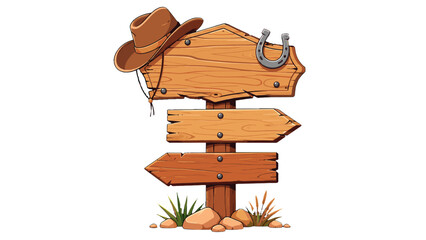 Western wooden signpost with cowboy hat and horseshoe © Andrei