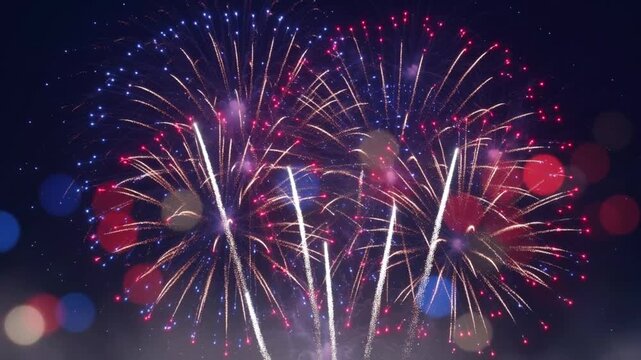 A stunning cinematic display of vibrant multicolored fireworks exploding in the dark night sky during a celebratory festive event with bright red and blue sparkling light patterns illuminating the dar
