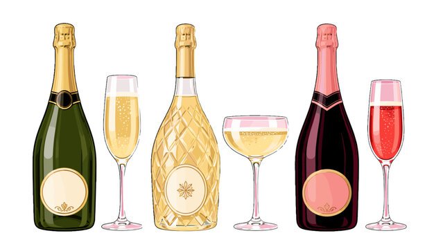 Sparkling wine bottles and glasses illustrated on white