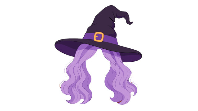Purple witch hat with wig cartoon vector icon