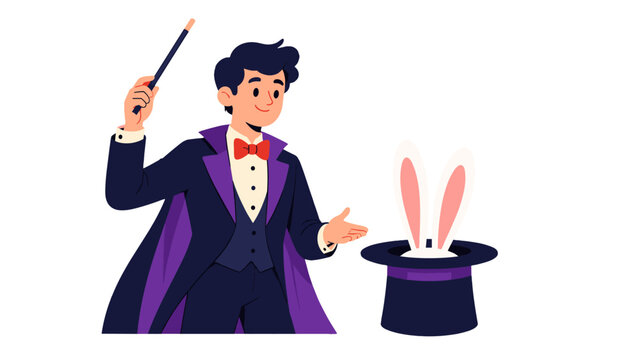 Magician performing rabbit hat trick in flat vector style