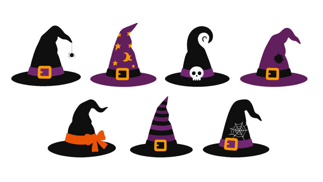 Set of decorated Halloween witch hats in flat vector style