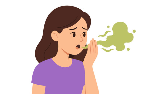 Woman checking her breath with hand and green odor cloud