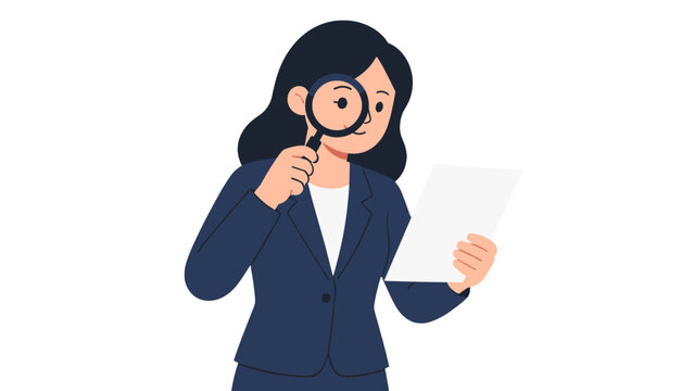 Businesswoman examining document with magnifying glass illustration