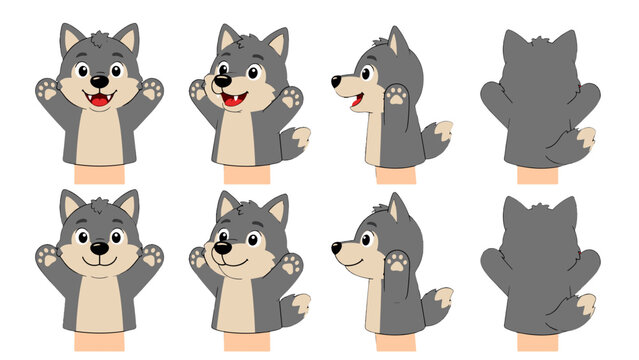 Cartoon wolf hand puppet character set in multiple views