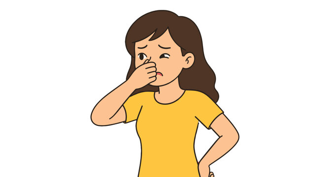 Woman covering her nose because of an unpleasant smell