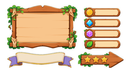 Naklejka premium Cartoon wooden game interface panels buttons and ribbon set