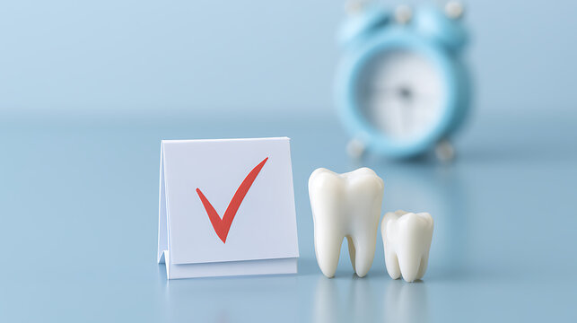 Dental check-up reminder with miniature teeth and a white card featuring a large red check mark on a light blue background, health concept