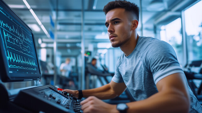 Athlete performing cardiovascular stress test in high-tech sports science lab, treadmill exercise with ECG monitoring, endurance evaluation, heart rate tracking, performance diagno