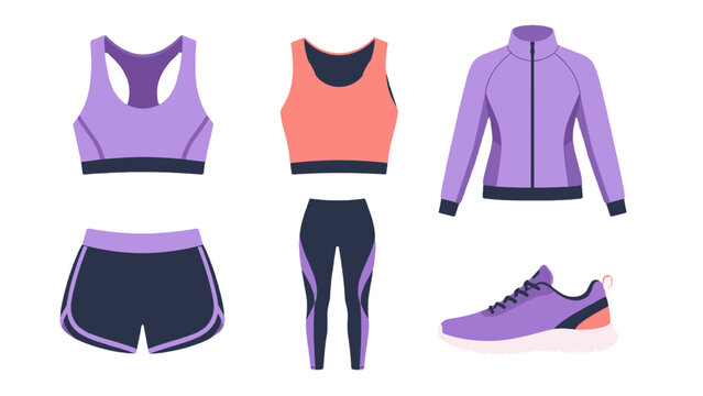 Women's sportswear collection with tops jacket shorts leggings and shoe