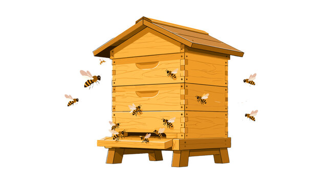 Wooden beehive with flying bees flat vector illustration