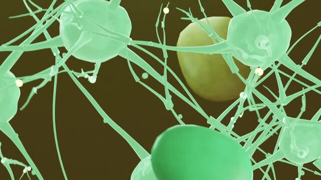 Rotating nodes drifting in microscopic view with camera moving showing threads beads green ovoid