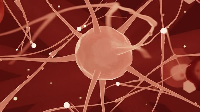 Rotating camera showing main neuron cell amid red discs moving vesicles along arms for signals