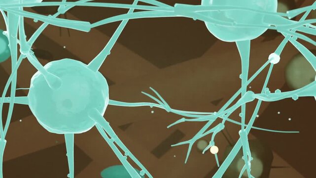 Pulling back camera for wider view, revealing turquoise neural mesh at microscale with beads