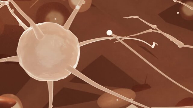 Orbiting camera showing neural cell rotating, bright beads moving along branches in cellular space