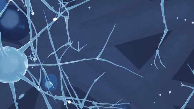 Pulsing blue orbs causing pale-blue soma branches swaying with beads on navy backdrop, copy space