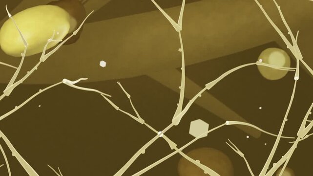 Shifting camera revealing pale yellow branch network and beams in brown space, hexagon drifting