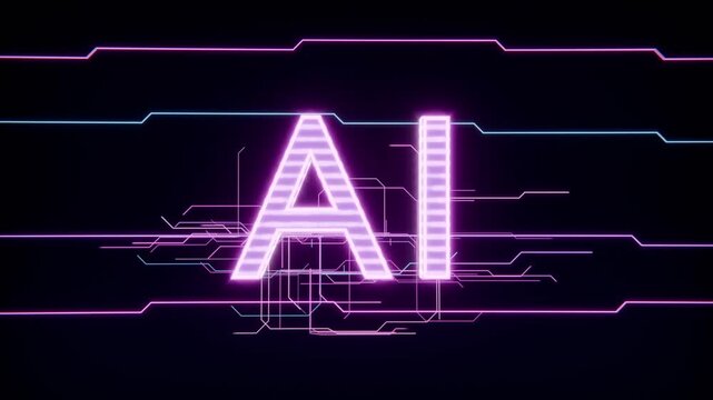 Brightening neon AI logo forming in dark field, linking to left neon traces, circuits, magenta hue