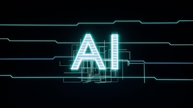 Entering neon bands converging behind glowing AI glyph on black backdrop, forming circuit grid
