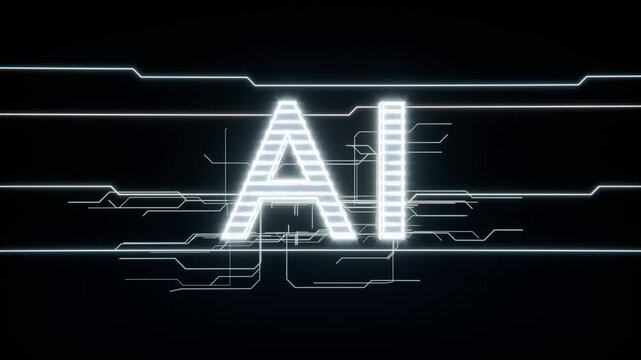 Animating horizontally-striped AI glyph revealing circuitry on black backdrop, neon rails entering