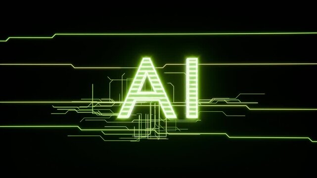 Drawing left line appearing, neon AI glowing, scaling, forming traces on black field revealing logo