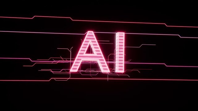 Materializing neon magenta AI logo scaling up and glowing against black void, pulling circuit rails